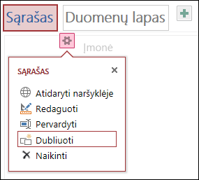 Sąrašo rodinio parametrų meniu su paryškinta parinktimi Dublikatas
