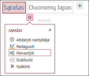 Sąrašo rodinio parametrų meniu su paryškinta parinktimi Pervardyti