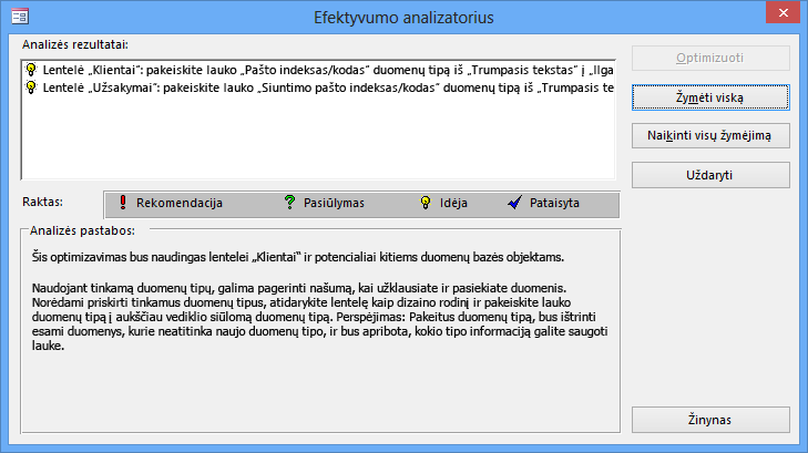 Našumo analizatoriaus rezultatų dialogo langas, jį vykdžius su „Access“ duomenų baze.
