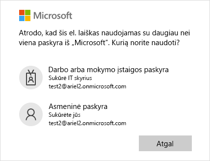 Prisijungimo ekranas su dviem el. pašto adresais