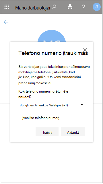 Vartotojo telefono numerio įtraukimas į 