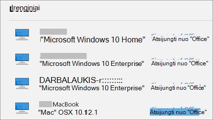 Rodomi „Windows“ ir „Mac“ įrenginiai ir account.„Microsoft“.com atsijungimo nuo „Office“ saitas