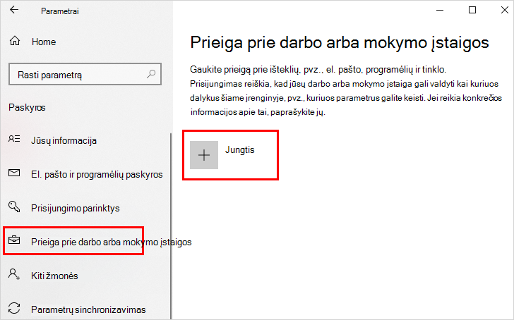 Pasiekite darbo arba mokymo įstaigos ekraną su pažymėta parinktimi Prisijungti