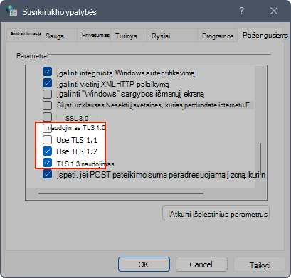 Ekrano kopija, kurioje rodomi TLS parametrai interneto ypatybėse