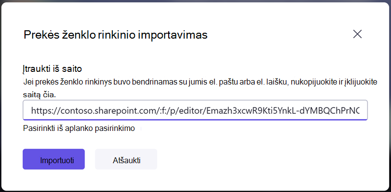 Importuokite prekės ženklo rinkinį įvesdami bendrinimo saitą, kurį gavote iš kito asmens.