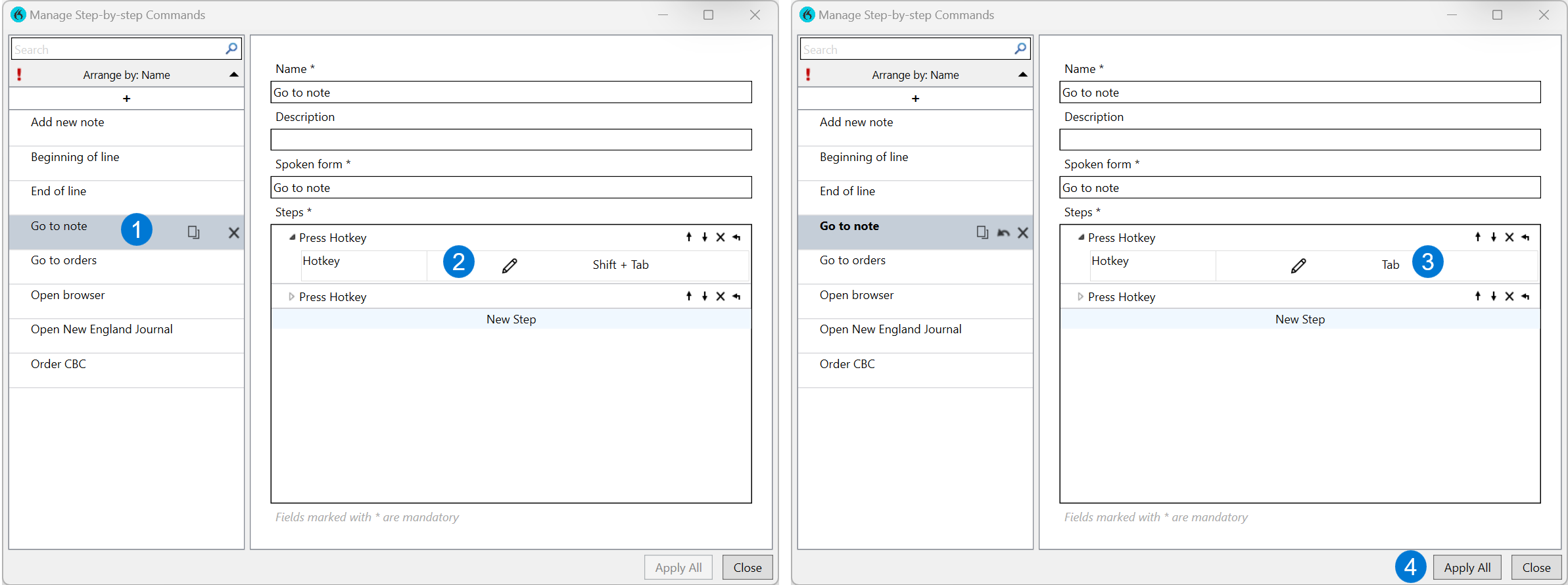Example of steps to edit a Step-by-step command