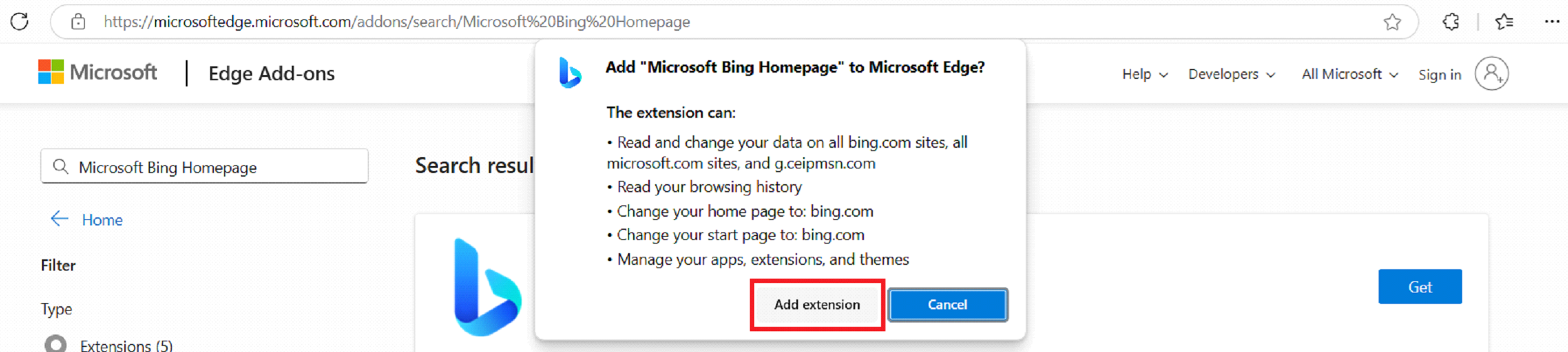Screenshot to add extension