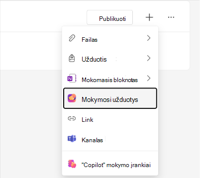 Mokymosi veiklos parinkties Classwork modulio meniu ekrano nuotrauka.