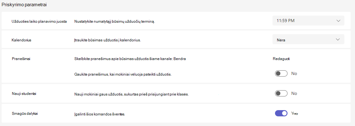Priskyrimo parametrų ekrano nuotrauka.