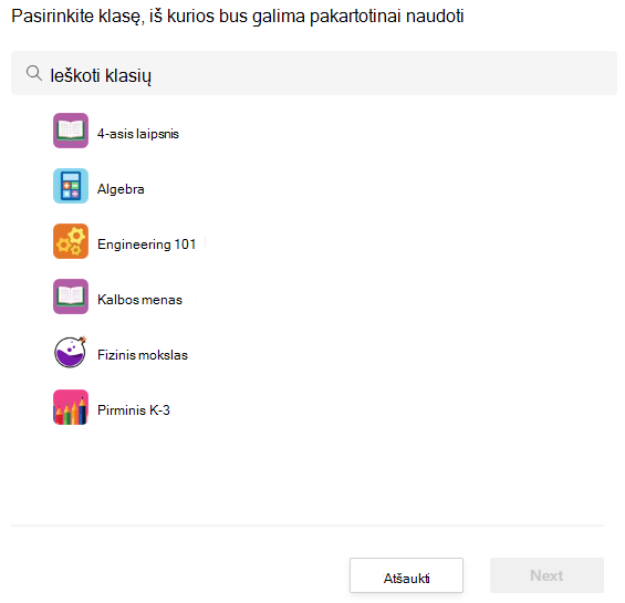 Pasirinkite klasę
