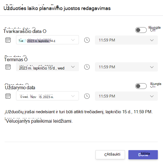 Užduoties laiko planavimo juostos redagavimo ekrano nuotrauka.