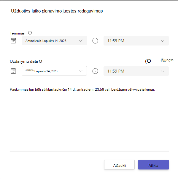 Užduoties laiko planavimo juostos redagavimas