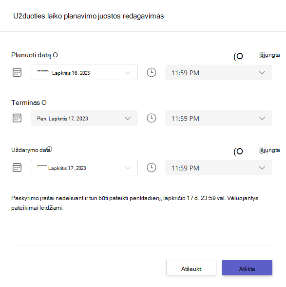 Ekrano kopija, kurioje rodoma užduoties laiko planavimo juosta redagavimas