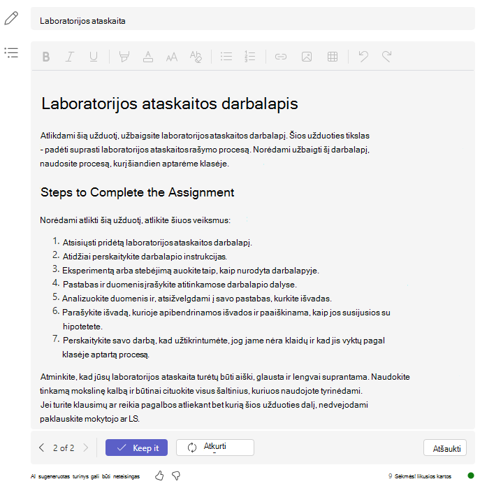 Laboratorijos ataskaitos veiksmai