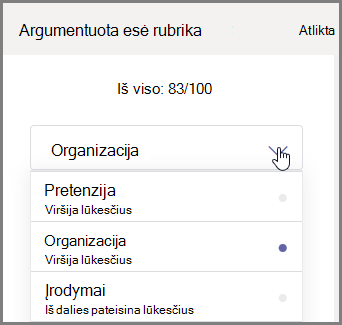 Pasirinkite mokinio priskyrimo įvertinimui skyrių