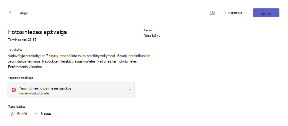 Užduotyje rodomos mokymosi veiklos kortelės ekrano kopija.