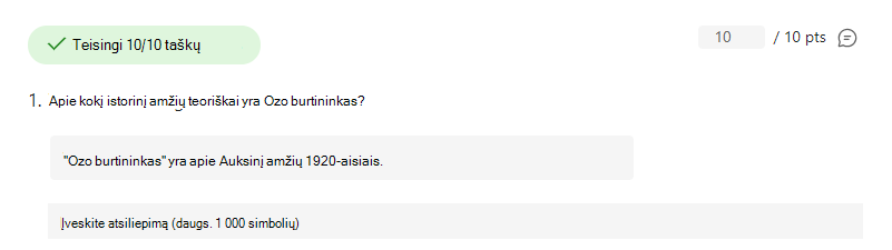 Teisingai atsakyto klausimo ekrano kopija.