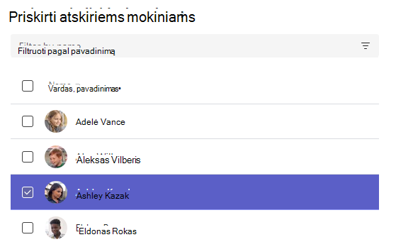 Priskyrimo atskiriems mokiniams ekrano nuotrauka.