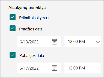 Formos / apklausos parametrų, kuriuose vartotojai gali nustatyti atsakymų pradžios ir pabaigos datas, ekrano nuotrauka.