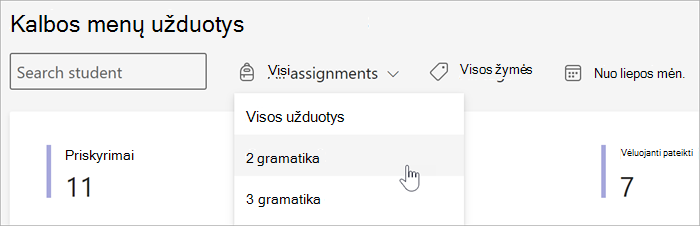 galimų filtrų Įžvalgų rodinyje Užduotys ir įvertinimai ekrano kopija. Galite ieškoti pagal mokinį, pagal užduotį, pagal žymę arba pagal datą.