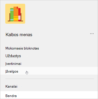 Ekrano nuotrauka, rodanti kairiąją naršymo juostą programoje „Teams“. Sąraše rodomas klasės bloknotas, užduotys, įvertinimai, o tada įžvalgos.