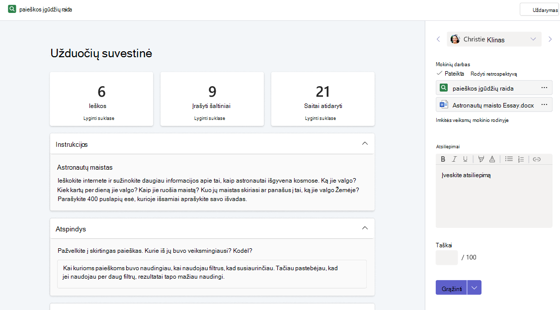 Užduoties suvestinės puslapis, mokytojo rodinys, paieškos įgūdžių raida. Rodoma išsami informacija apie mokinio, kurio atidaryta užbaigta užduotis, paieškas ir apmąstymus.