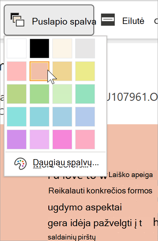 Įtraukiančios skaitytuvės puslapio spalvos išplečiamojo meniu ekrano nuotrauka. Rodoma spalvų paletė, o už išplečiamojo sąrašo matomas fonas yra pastelinė oranžinė