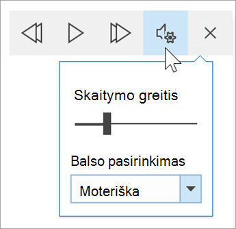 Įtraukiančio skaitytuvo balso parinkčių įrankių juostos ekrano nuotrauka. Pelė užveda pelės žymiklį virš parametrų, rodydami skaitymo greičio perjungiklį ir išplečiamąjį sąrašo sąrašą balso pasirinkimui