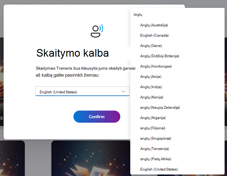 Skaitymo kalbos parinkčių ekrano nuotrauka.