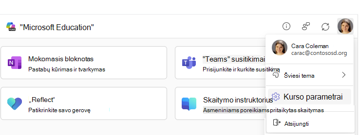 Kurso parametrų meniu elementas