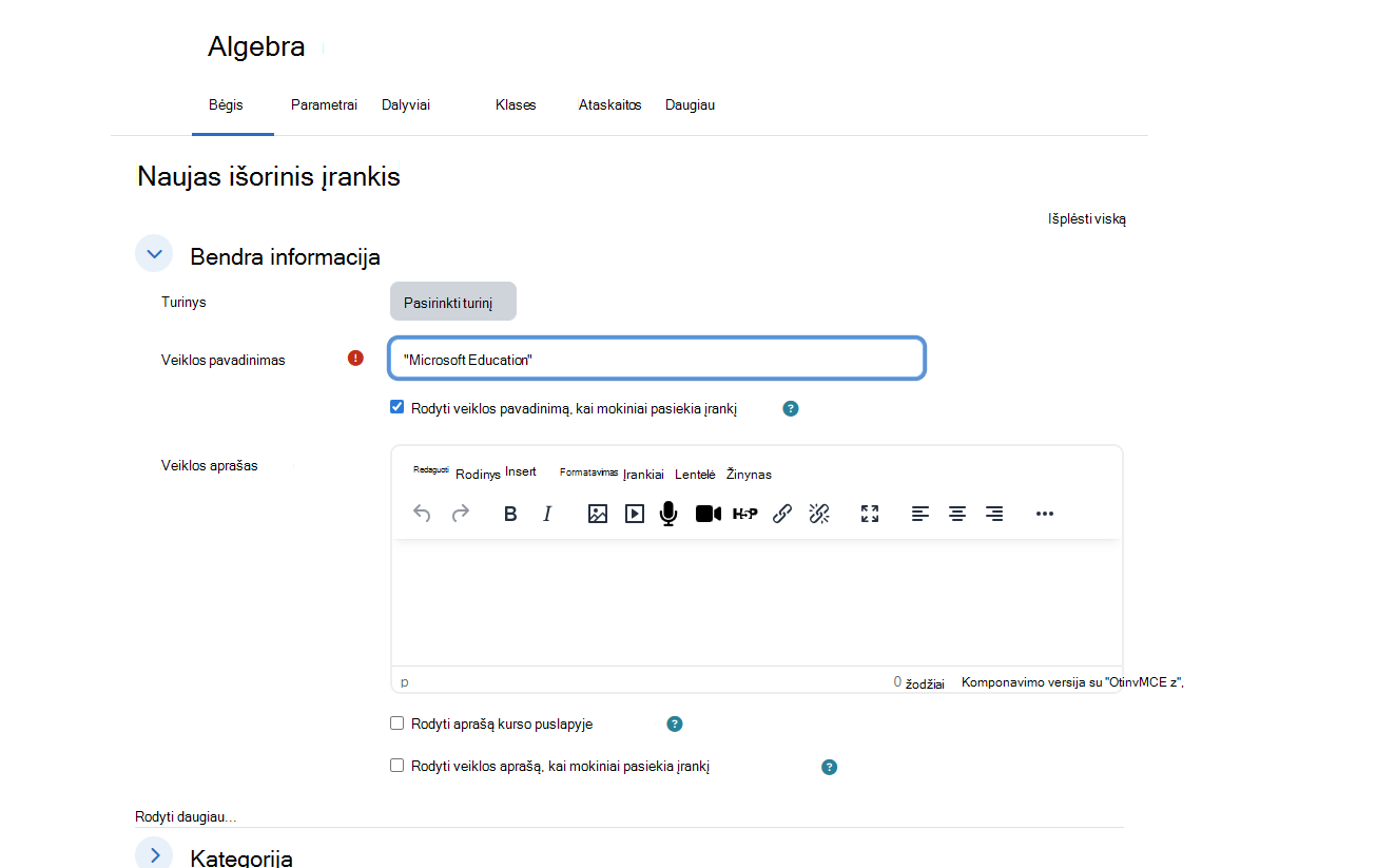 Moodle dialogo langas Naujas išorinis įrankis