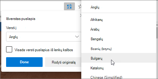 Pasirinkite kalbą, į kurią norite versti