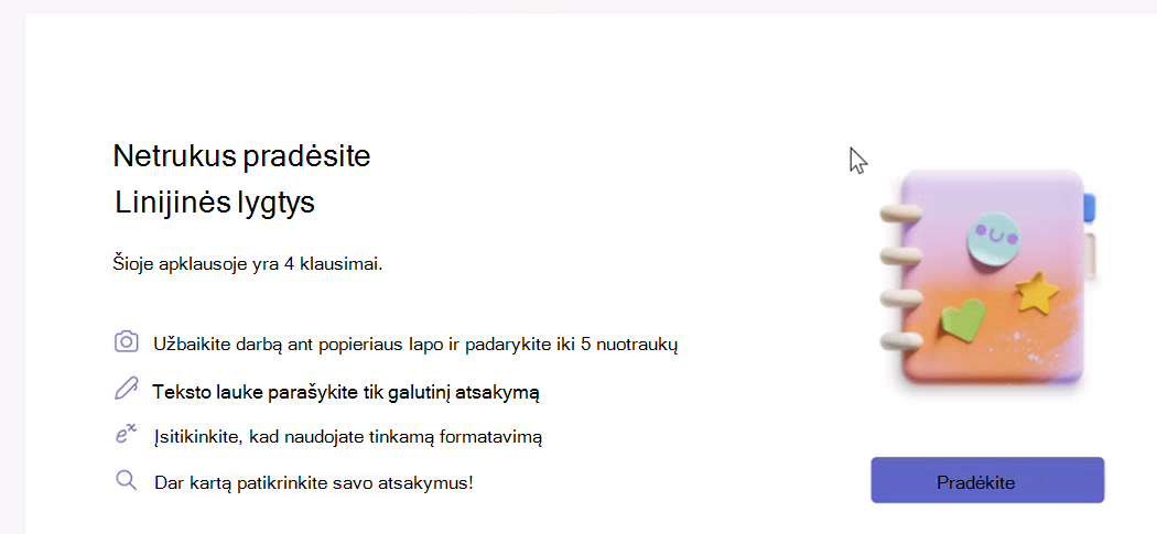 Pradžios dialogo lango ekrano nuotrauka.