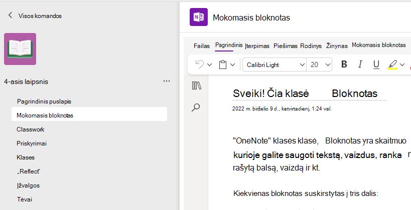 Mokomojo bloknoto nustatymo ekrano nuotrauka.