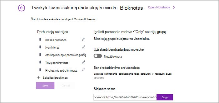 Bloknoto darbuotojams parametrų valdymo puslapio programoje 