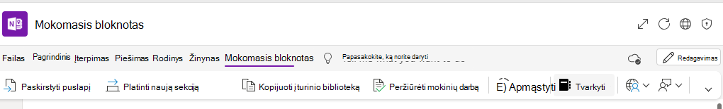 Bloknotų valdymo ekrano kopija.