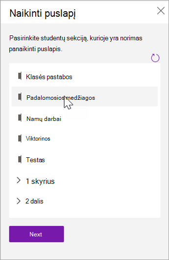 Pasirinkite studentų sekciją, kurioje yra norimas panaikinti puslapis.