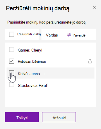 Pažymėkite žymės langelį, kad užrakintumėte atskirą mokinio puslapį.