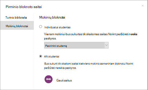 Sukurkite tik skaityti skirtus saitus atskiriems mokinių bloknotams.