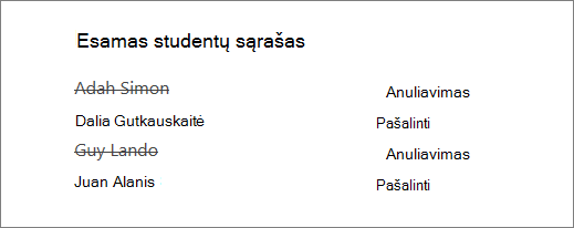 Pašalinti mokinių vardai išbraukiami iš esamo studentų sąrašo, šalia kurių yra parinktys Anuliuoti ir Šalinti.