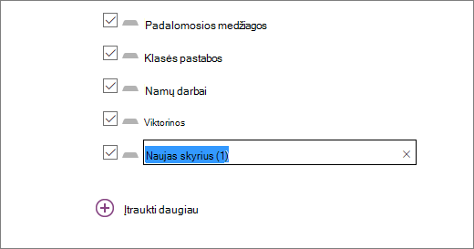 Peržiūrėkite mokomojo bloknoto sekcijas mokomojo bloknoto vediklyje, įskaitant padalomąją medžiagą,