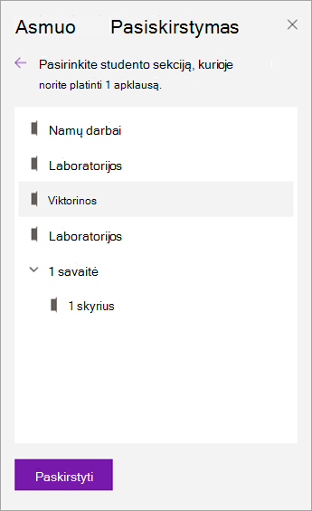 Pasirinkite bloknoto sekciją.