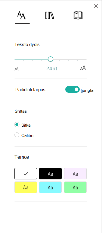 Teksto parinkčių meniu Įtraukianti skaitytuvė p