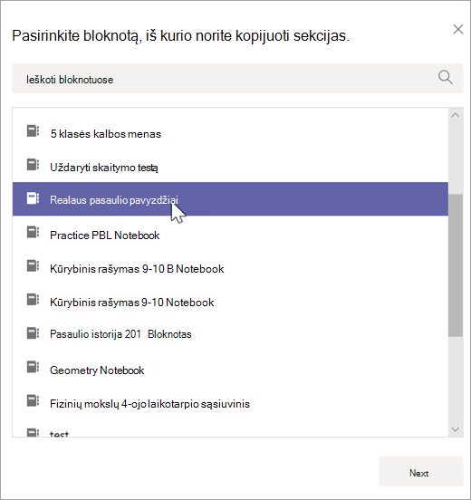 Pasirinkite bloknotą, iš kurio norite kopijuoti sekcijas.