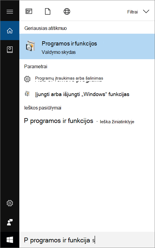 Atidarykite pradžios meniu ir įveskite Programa ir funkcijos