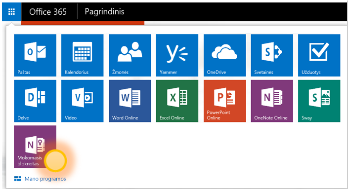 „OneNote“ mokomųjų bloknotų taikomosios programos ekrano kopija