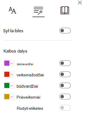 Kalbos dalių ekrano nuotrauka.