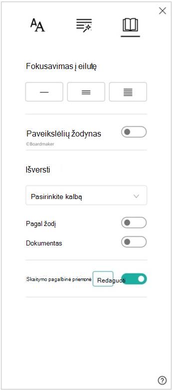 Įtraukiančios skaitytuvės skaitymo nuostatų srities, kurioje rodomos fokusavimo į eilutę, paveikslėlių žodyno, vertimo ir skaitymo pagalbinės priemonės parinktys, ekrano nuotrauka.