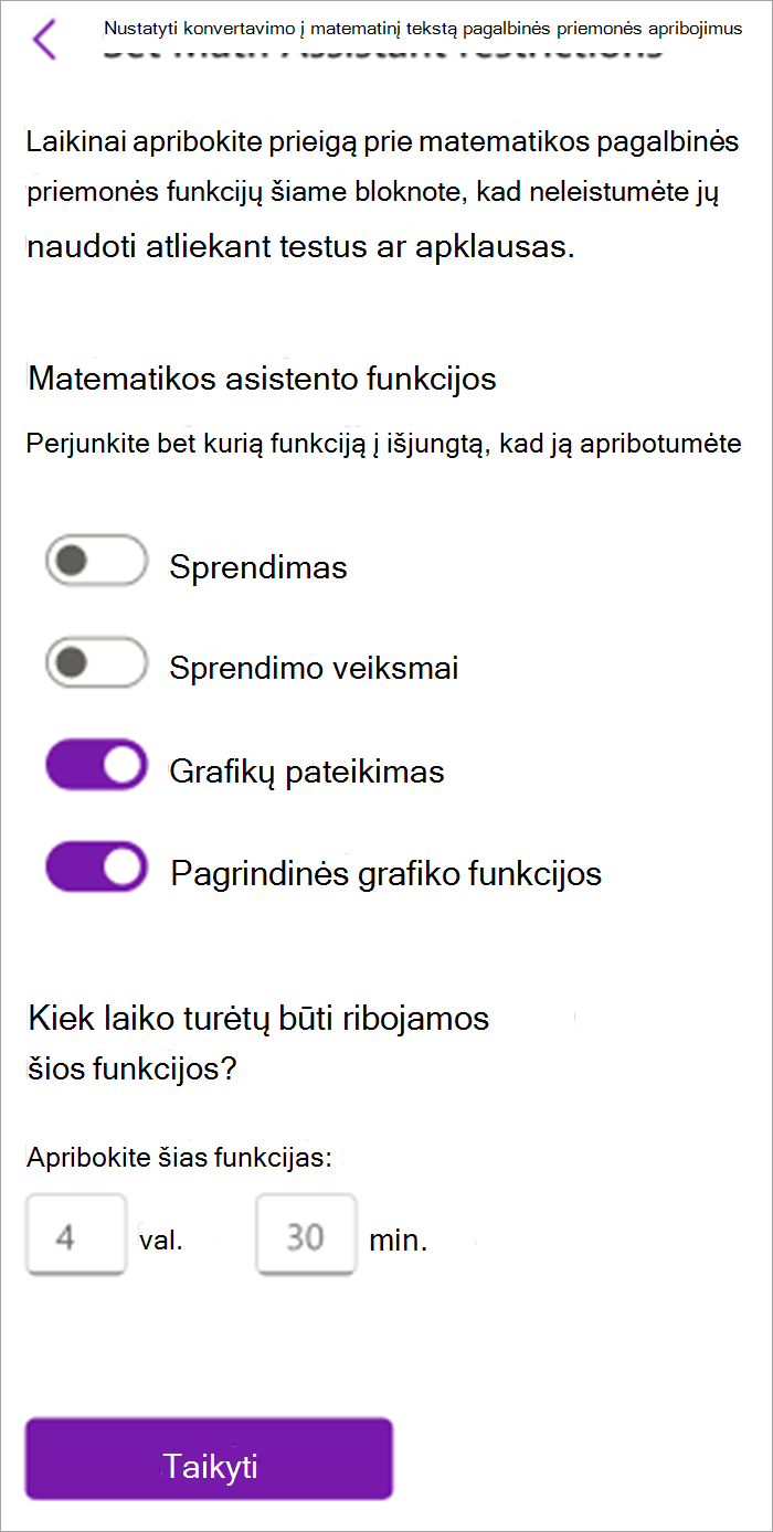 Mokomojo bloknoto matematikos pagalbinės programos skydelio, skirto mokytojams, ekrano nuotrauka. Čia galite įjungti arba išjungti matematinės pagalbinės priemonės įrankius, įskaitant sprendimo veiksmus, diagramų pateikimą ir pagrindines diagramų funkcijas.