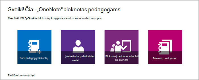 Bloknoto darbuotojams valdymo parinkčių taikomojoje programoje Bloknotas pedagogams ekrano nuotrauka.